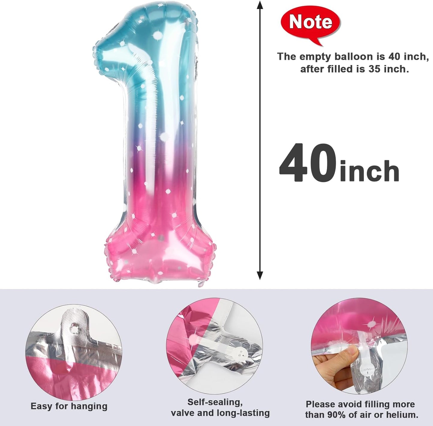 Number Balloons - 40 Inch Birthday Decorations for Kids | Pink, Purple & Blue 1st, 11th, 21st Celebrations