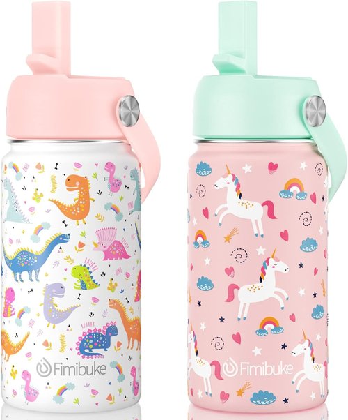 Fimibuke Kids Insulated Water Bottle - 14oz BPA-Free Double Wall Tumbler | Leak-Proof Metal Cups (2 Pack, Unicorn/White Dinosaur)