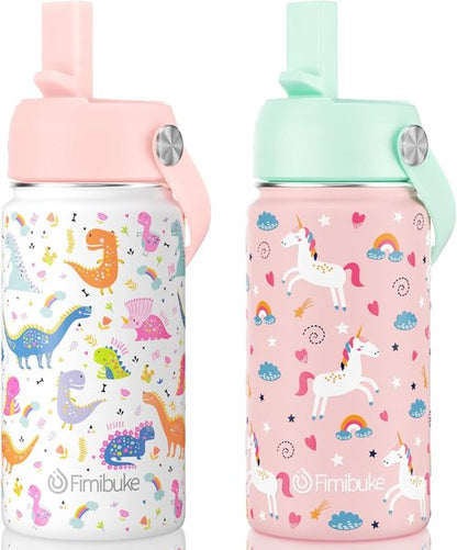 Fimibuke Kids Insulated Water Bottle - 14oz BPA-Free Double Wall Tumbler | Leak-Proof Metal Cups (2 Pack, Unicorn/White Dinosaur)