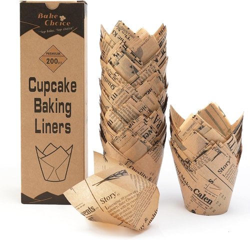 Bake Choice Tulip Cupcake Liners - 200 Pcs Grease Resistant Baking Cups | Newspaper Print Design