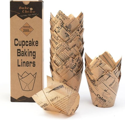 Bake Choice Tulip Cupcake Liners - 200 Pcs Grease Resistant Baking Cups | Newspaper Print Design