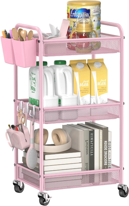 YASONIC 3-Tier Rolling Cart - Metal Utility Storage Cart with Wheels & Hooks | Pink Craft Organizer