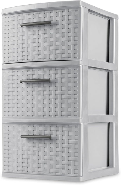 Sterilite 3 Drawer Storage Tower - Lightweight Plastic Weave Organizer in Cement | Ideal for Bedrooms, Closets, Bathrooms