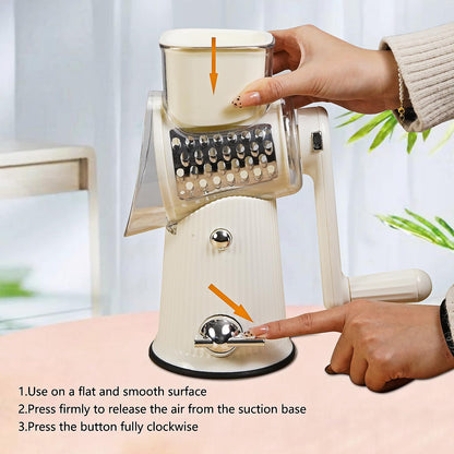 PDAENLKY Rotary Cheese Grater with Handle, 5-in-1 Cheese Grater Hand Crank, Strong Suction Base, White