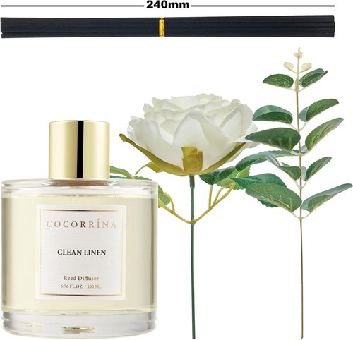 Cocorrína Flower Reed Diffuser - Clean Linen 6.7oz Scented Home Fragrance with Sticks for Bathroom Decor