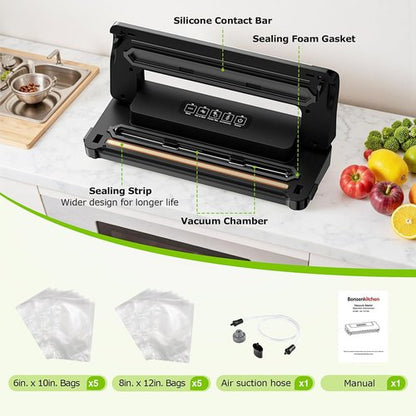 Bonsenkitchen Vacuum Sealer Machine - Multi-Functional Food Sealer with 10 Bags & Compact Design, Black