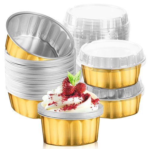 100 Pcs 8 oz Aluminum Foil Cup with Lids Disposable Ramekins with Lids Disposable Ramekin Baking Cups Foil Cupcake Containers for Wedding, Christmas, Kitchen, Party (Silver, Gold, 8 oz)