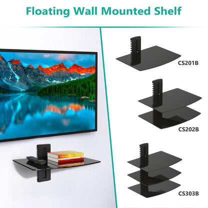 WALI Floating TV Shelf, 1 Tier Glass Projector Shelf for DVD Players, Routers, Game Consoles, Cable Boxes, Living Room Decor, Wall Mount Shelves Hold Up to 17.6lbs (CS201B), 1-Shelf, Black