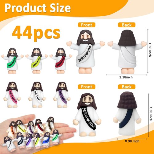 Keway Mini Jesus Figurines - 44 PCS Rubber Pocket Figures for Easter, Baptism Gifts & Sunday School | 11 Colors, 2 Styles
