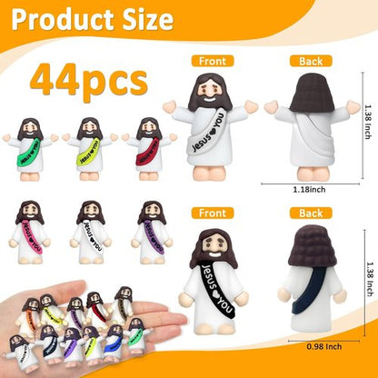 Keway Mini Jesus Figurines - 44 PCS Rubber Pocket Figures for Easter, Baptism Gifts & Sunday School | 11 Colors, 2 Styles