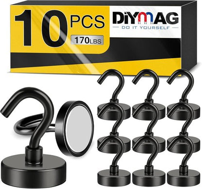 DIYMAG Magnetic Hooks - 170Lbs Heavy Duty Silver S-Hooks for Garage, Kitchen & Office | 10 Pack