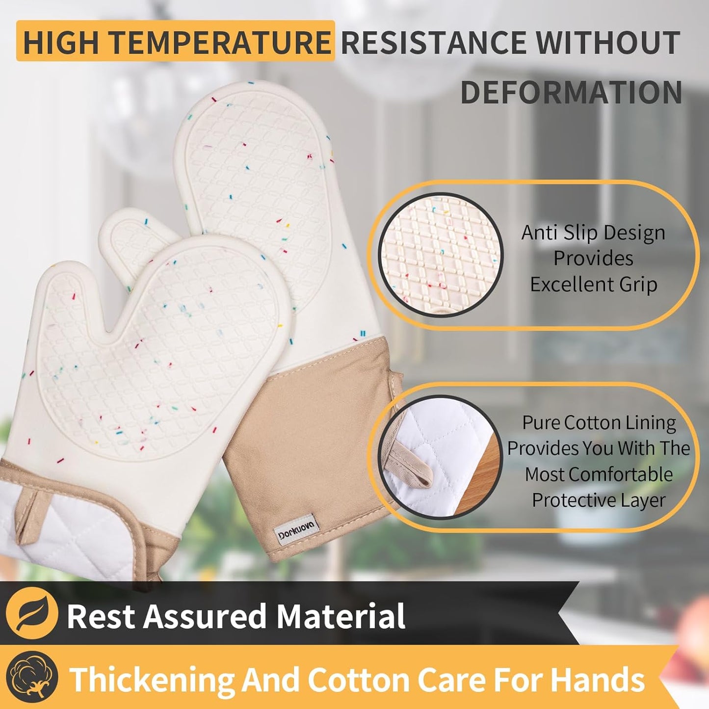 Skiennix Oven Mitts - Cute Heat Resistant Silicone Cooking Gloves | Washable, 500°F, Cream Color