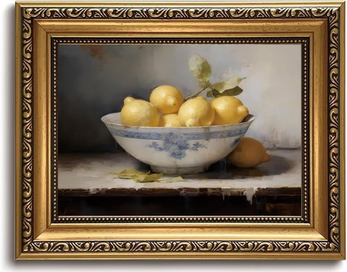 LHHJDIO Vintage Gold Framed Wall Art - Rustic Lemons Canvas Print for Kitchen | 8"x10" Antique Decor