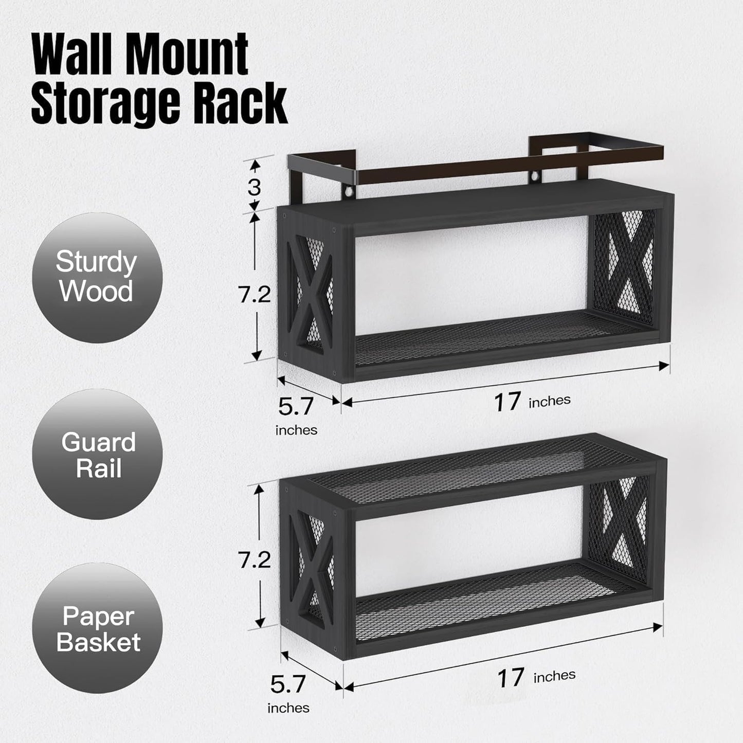 RICHER HOUSE Floating Shelves - Rustic Wood Wall Décor with Guardrail for Bathroom & Kitchen - Black