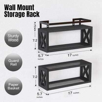 RICHER HOUSE Floating Shelves - Rustic Wood Wall Décor with Guardrail for Bathroom & Kitchen - Black