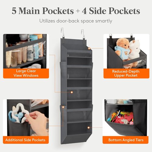 Lifewit Over The Door Organizer - Clear Window Hanging Storage with 4 Side Pockets | 40 lbs Load Capacity, Gray