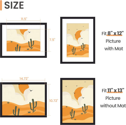 Upsimples 11x15 Picture Frame - Display 8x12 Photos with Mat or 11x15 Without - Black, 1 Pack