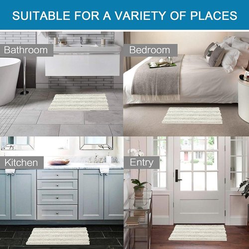 H.VERSAILTEX Bath Mats for Bathroom Non Slip Thick Chenille Striped Bath Rug Absorbent Fluffy Soft Shaggy Rugs Washable Dry Fast Plush Mats for Indoor, Bath Room, Tub - 17" x 24", Cream