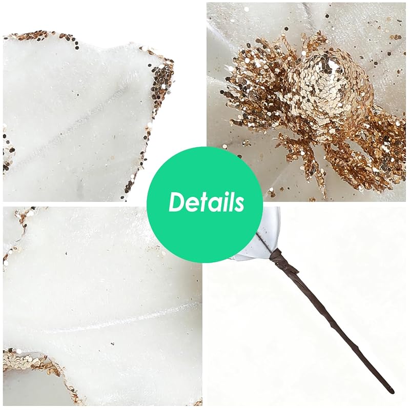 Cream White 6 Pcs 10.2’’ Large Glitter Magnolia Artificial Flowers for Christmas Tree Decorations