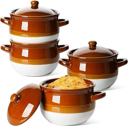 LE TAUCI French Onion Soup Bowls - 22 Oz Oven Safe Ceramic Crocks with Handles | Set of 4 for Soup & Chili