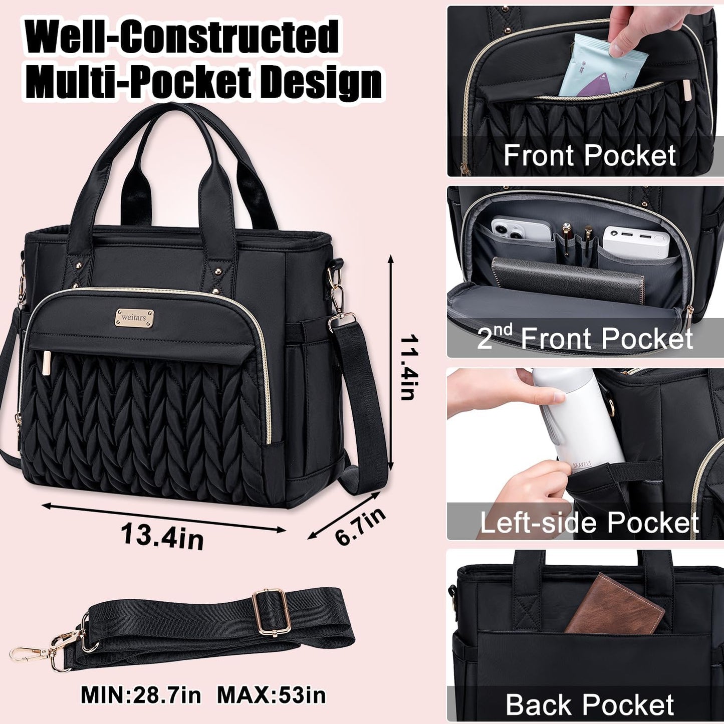 Weitars Insulated Lunch Bag - Leak-Proof Extra Large Tote with Removable Shoulder Strap & Side Pockets | Black