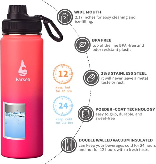 Farsea Insulated Water Bottle - 24 oz Stainless Steel with Paracord Handle & 2 Lids | BPA-Free, Sweat-Proof