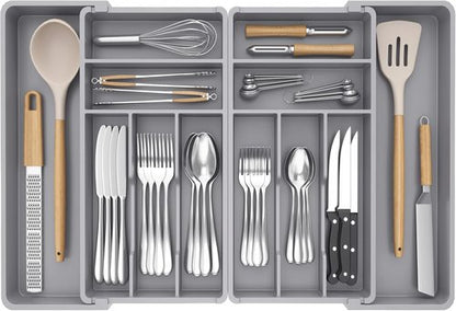 Lifewit Silverware Drawer Organizer, Expandable BPA Free Plastic Utensil Tray for Kitchen, Adjustable Flatware Cutlery Holder for Spoons Forks Knives, 18- 28 x 16.7", Gray
