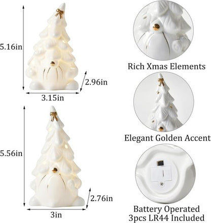AOMOONOA Ceramic Christmas Tree Gnome - Lighted Tabletop Decoration for Indoor Holiday Decor - White