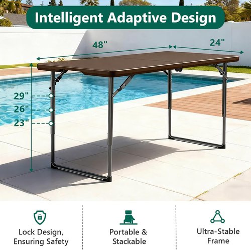 Folding Table | 4FT Heavy Duty Plastic with Handle - Portable & Foldable for Outdoor Events, Brown