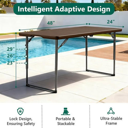 Folding Table | 4FT Heavy Duty Plastic with Handle - Portable & Foldable for Outdoor Events, Brown