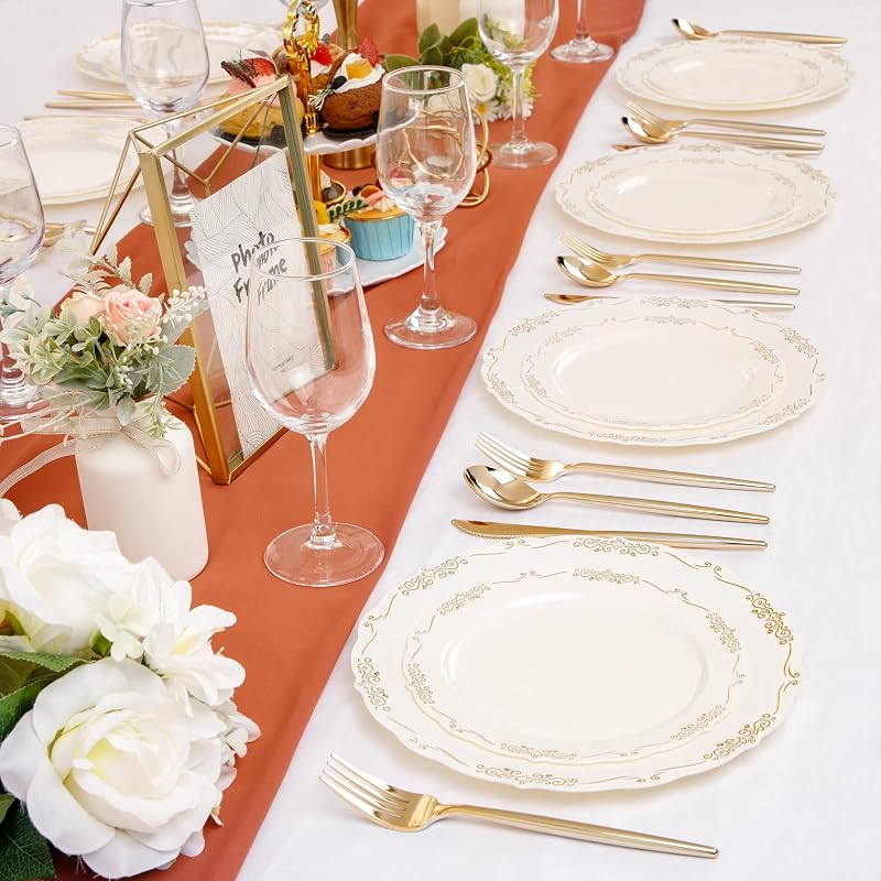 Ivory Plates with Gold Rim - 100 PCS Disposable Dinner & Dessert Plates - BPA Free - Ivory Gold (Variation: Ivory Gold)