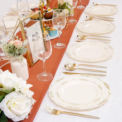 Ivory Plates with Gold Rim - 100 PCS Disposable Dinner & Dessert Plates - BPA Free - Ivory Gold (Variation: Ivory Gold)