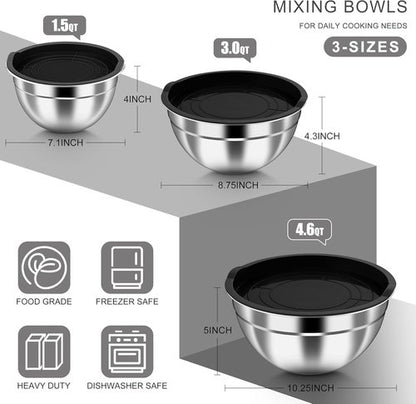 HaWare Mixing Bowls - 6-Piece Stainless Steel Set with Airtight Lids | Stackable Design, Black, 4.6QT, 3QT, 1.5QT
