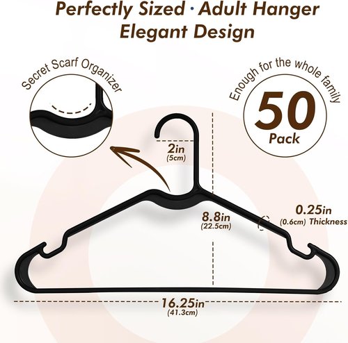 HOUSE DAY Black Plastic Hangers - 50 Pack Lightweight Slim Space-Saving Closet Organizers