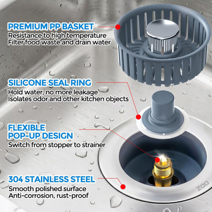 Skiennix Sink Drain Strainer - 3-in-1 Anti-Clogging Kitchen Stopper | Fits US Standard 3-1/2'' Sink Hole, Silver