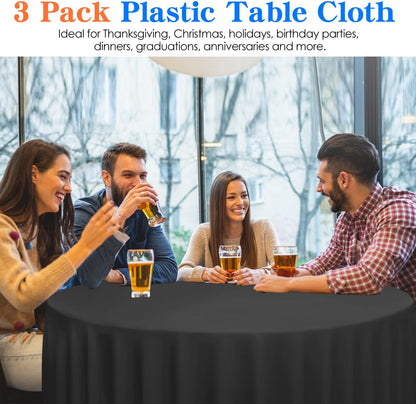 Skiennix Disposable Round Tablecloths - 84 Inch Black Plastic Covers for Parties | 3 Pack