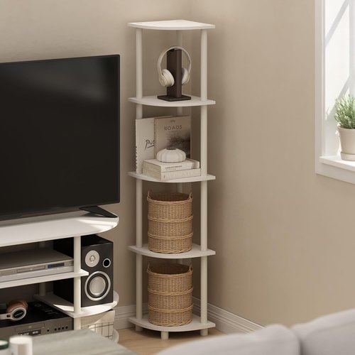 Furinno Turn-N-Tube Corner Shelf - 5-Tier Open Storage Bookshelf for Home Office & Living Room - White