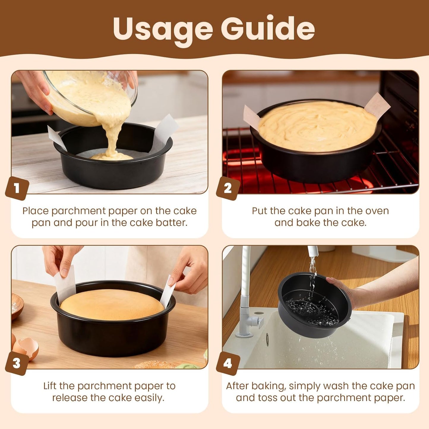 Nonstick Carbon Steel Cake Pan Set by [Brand Name] - 9 Inch Round Baking Pans with 80 PCS Parchment Paper | Dishwasher Safe & Durable for Layer Cakes