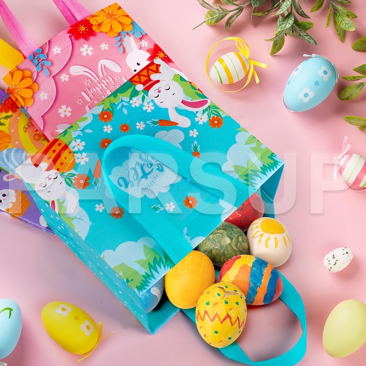 PARSUP 8 PACK Happy Easter Bunny Carrot Chick Egg Hunt Gift Treat Multifunctional Non-Woven Bags with Handles,Easter Party Supplies for Gifts Wrapping, 7.9×7.9×5.9inch