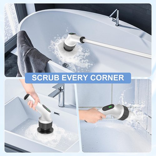 Holercoco Electric Spin Scrubber, Shower Cleaner Brush, Shower Scrubber with Long Handle 53.2inch, 2H Fast Charge, IPX7 Waterproof, Bathroom Cleaning Brush 2 Adjustable Speeds