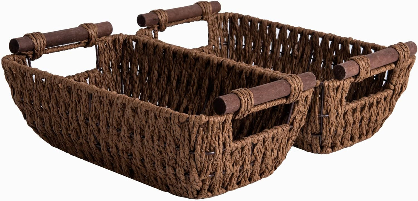 StorageWorks Round Wicker Baskets - Handwoven Paper Rope Storage with Wooden Handles, Dark Brown, 2-Pack