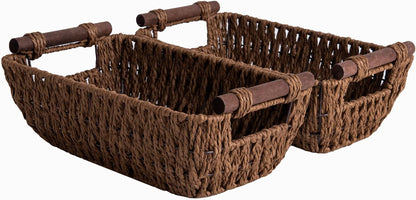 StorageWorks Round Wicker Baskets - Handwoven Paper Rope Storage with Wooden Handles, Dark Brown, 2-Pack