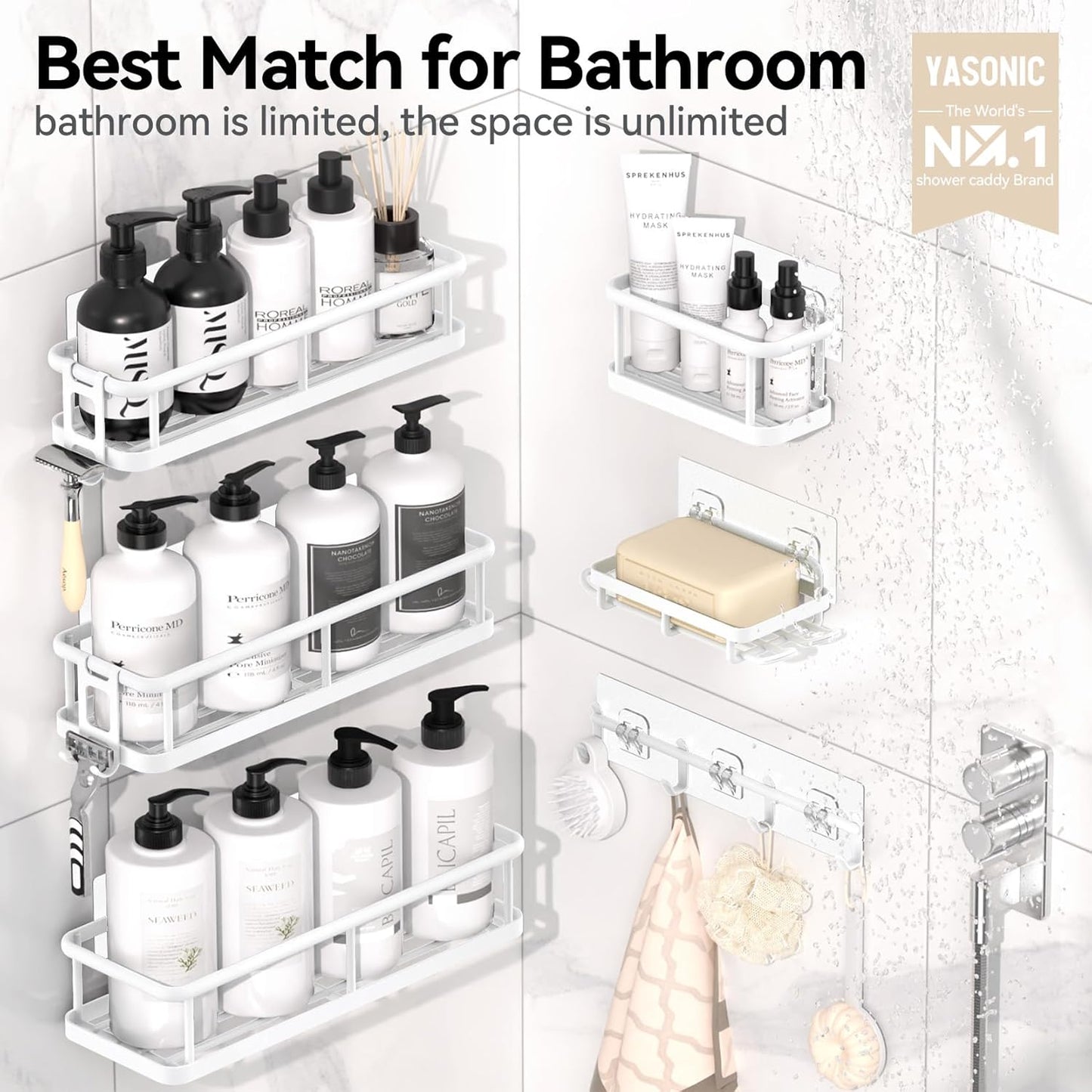 YASONIC Shower Caddy - Large Capacity Organizer with Soap Holder & 12 Hooks | Rustproof White Shelves