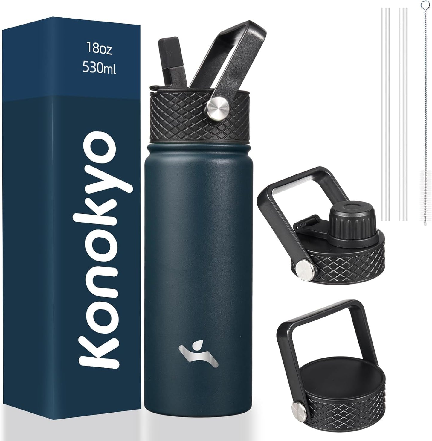 Skiennix 18 oz Insulated Stainless Steel Water Bottle - Durable Sport Bottle with 3 Lids | Navy Blue