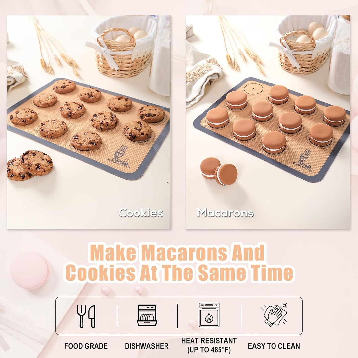 Silicone Baking Mat Macaron - Non-Stick Set of 3 Half & Quarter Sheet Liners | 16.5x11.6, Grey