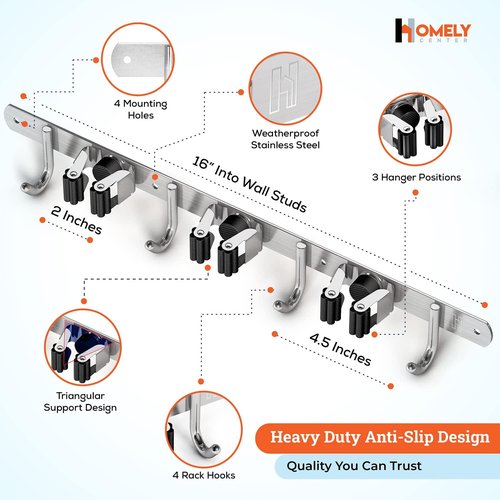 Homely Center Mop and Broom Holder Wall Mount - Heavy-Duty Organizer for Garage & Kitchen | 3 Racks & 4 Hooks