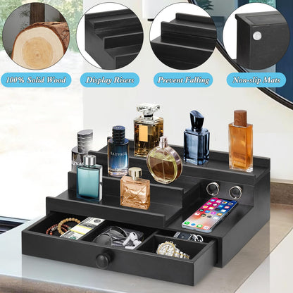 Cologne Organizer for Men with Drawer, Wood Cologne Stand Display Shelf with Hidden Compartment, Perfume Holder Organizer for Dresser, Room Essentials for Men, Display Risers, Gift for Husband, Father