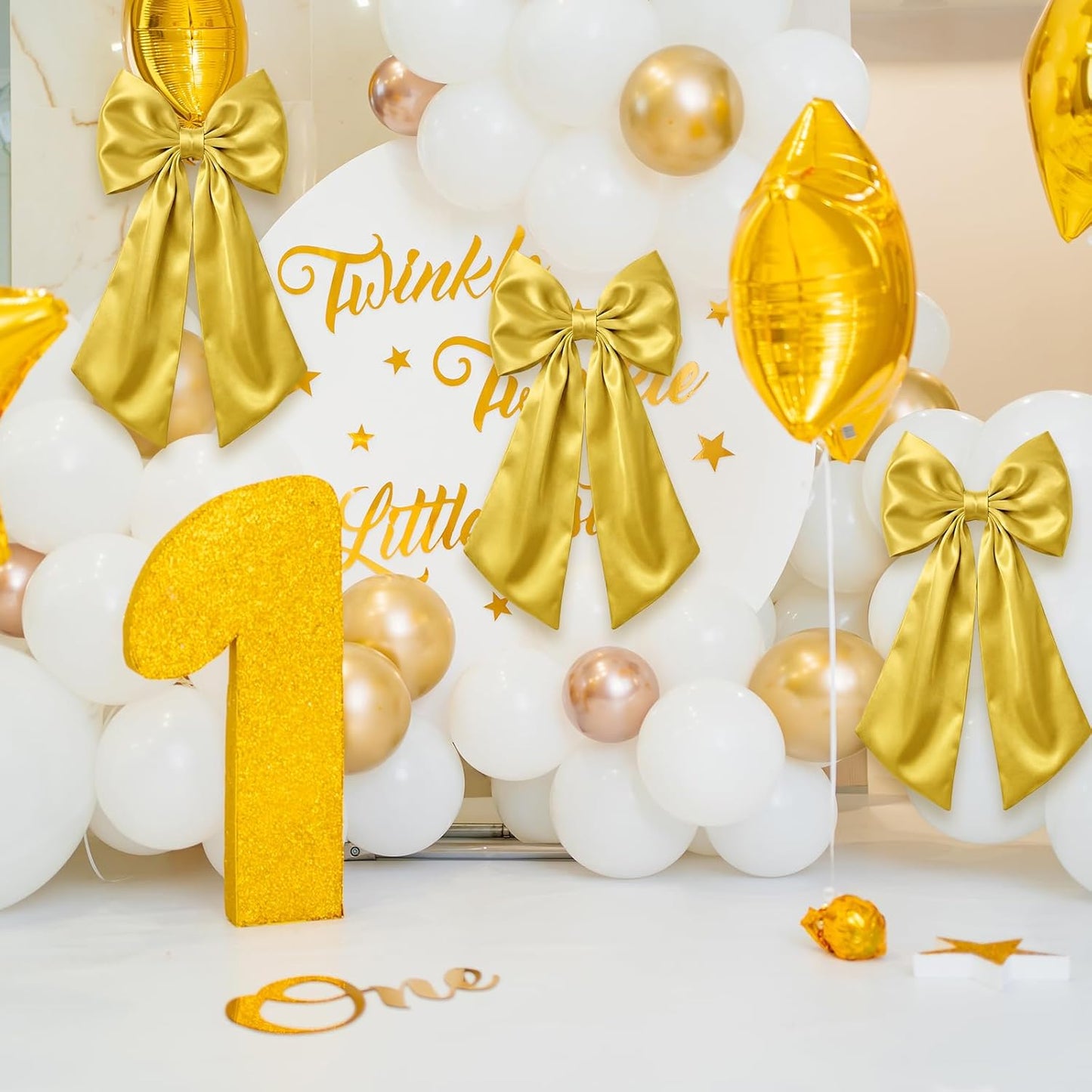 Skiennix Large Gold Satin Bow Decorations - 3 Pcs 2 FT Hanging Wall Decor for Weddings & Parties