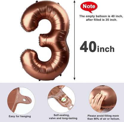 Numbers Balloon 3 - 40 Inch Large Coffee Brown Balloon for 3rd Birthday Party Decor