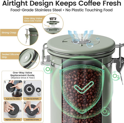 Veken Coffee Canister - Airtight Stainless Steel Container with Window | 22oz Green for Grounds, Beans, Tea, and More